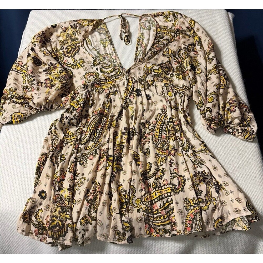 Women’s XS Boho Paisley Peasant Blouse 100% Rayon Empire Waist Tassel Tie Top